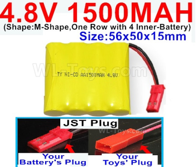 4.8V Battery Pack-1500mah 4.8 Volt Battery 1500mah NiCd,With JST Plug-(Shape-M-Shape-,One Row with 4 Inner-Battery)-Size-56x50x15mm,4.8V Battery Pack-1500mah 4.8 Volt Battery NiCd Battery 1500mah,4.8V Rechargeable Battery Pack