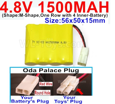 4.8V Battery Pack-1500mah 4.8 Volt Battery 1500mah NiCd,With Oda Palace Plug(Round hole-Red Wire)-(Shape-M-Shape-,One Row with 4 Inner-Battery)-Size-56x50x15mm,4.8V Battery Pack-1500mah 4.8 Volt Battery NiCd Battery 1500mah,4.8V Rechargeable Battery Pack