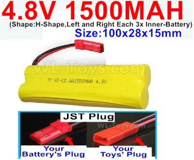 4.8V Battery Pack-1500mah 4.8 Volt Battery 1500mah NiCd,With JST Plug-(Shape-H-Shape-,Left and Right Each 3x Inner-Battery)-Size-100x28x15mm,4.8V Battery Pack-1500mah 4.8 Volt Battery NiCd Battery 1500mah,4.8V Rechargeable Battery Pack