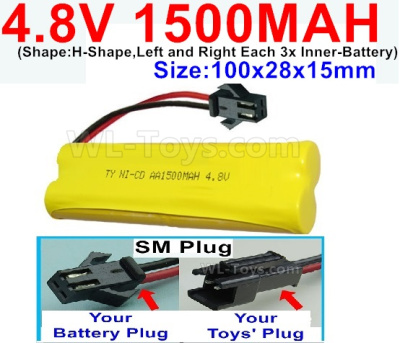 4.8V Battery Pack-1500mah 4.8 Volt Battery 1500mah NiCd,With SM Plug-(Shape-H-Shape-,Left and Right Each 3x Inner-Battery)-Size-100x28x15mm,4.8V Battery Pack-1500mah 4.8 Volt Battery NiCd Battery 1500mah,4.8V Rechargeable Battery Pack