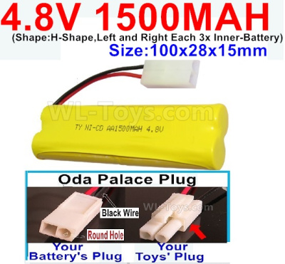 4.8V Battery Pack-1500mah 4.8 Volt Battery 1500mah NiCd,With Oda Palace Plug(Round hole-Black Wire)-(Shape-H-Shape-,Left and Right Each 3x Inner-Battery)-Size-100x28x15mm,4.8V Battery Pack-1500mah 4.8 Volt Battery NiCd Battery 1500mah,4.8V Rechargeable Ba