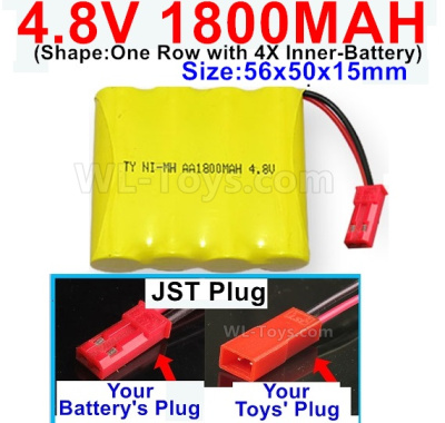 4.8V NiMH Battery Pack-1800mah 4.8 Volt NiMH Battery 1800MAH,With JST Plug(Round hole-Black Wire)-(Shape-One Row with 4X Inner battery)-Size-56x50x15mm,4.8 Volt NiMH Battery