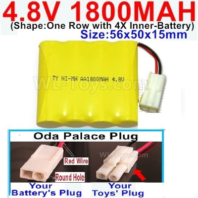 4.8V NiMH Battery Pack-1800mah 4.8 Volt NiMH Battery 1800MAH,With Oda Palace Plug(Round hole-Red Wire)-(Shape-One Row with 4X Inner battery)-Size-56x50x15mm,4.8 Volt NiMH Battery