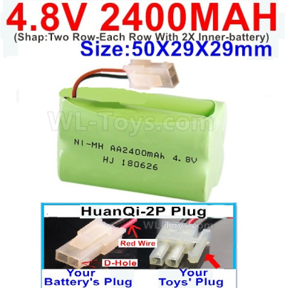 4.8V NiMH Battery Pack-2400mah 4.8 Volt NiMH Battery 2400MAH,With HuanQi-2P plug(1X Square hole+ 1X D-Shape Hole.The D-Shape Hole is Red Wire)-(Shap-Two Row-Each Row With 2X Inner-battery)-Size-50X29X29mm,4.8V NiMH Battery Pack-2400mah 4.8 Volt NiMH Batte