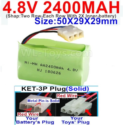 4.8V NiMH Battery Pack-2400mah 4.8 Volt NiMH Battery 2400MAH,With KET-3P Plug(Solid)-(2X Suare Hole+1X D-Shape Hole,The Middle hole is Red wire-(Shap-Two Row-Each Row With 2X Inner-battery)-Size-50X29X29mm,4.8V NiMH Battery Pack-2400mah 4.8 Volt NiMH Batt