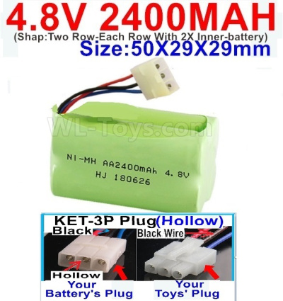 4.8V NiMH Battery Pack-2400mah 4.8 Volt NiMH Battery 2400MAH,With KET-3P Plug(Hollow)-(2X Suare Hole+1X D-Shape Hole,The Middle hole is Black wire)-(Shap-Two Row-Each Row With 2X Inner-battery)-Size-50X29X29mm,4.8V NiMH Battery Pack-2400mah 4.8 Volt NiMH