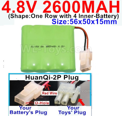 4.8V NiMH Battery Pack-2600mah 4.8 Volt NiMH Battery 2600MAH,With HuanQi-2P plug(1X Square hole+ 1X D-Hole.The D-Hole is Red Wire)-(Shape-One Row with 4 Inner-Battery),4.8V NiMH Battery Pack-2600mah 4.8 Volt NiMH Battery NI-MH Battery 2600MAH,4.8 Volt NiM