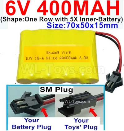 400mah 6V NiCd Battery Pack-AA 400mah 6 Volt NiCD Rechargeable Battery-With SM Plug,6V 400mah Ni-Cd Rechargeable Battery For RC Car Truck,(Shape-One Row With 5 Inner-Battery)-Size-70x50x15mm