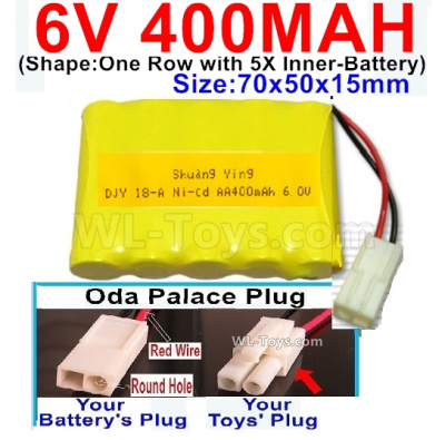 400mah 6V NiCd Battery Pack-AA 400mah 6 Volt NiCD Rechargeable Battery-With Oda Palace Plug(Round hole-Red Wire),6V 400mah Ni-Cd Rechargeable Battery For RC Car Truck,(Shape-One Row With 5 Inner-Battery)-Size-70x50x15mm