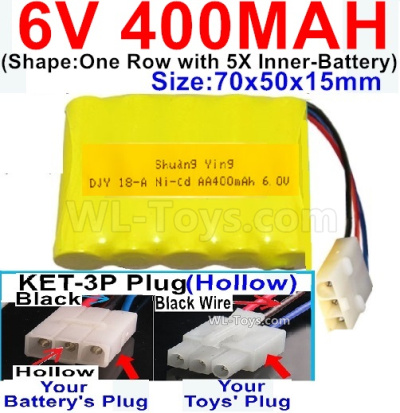400mah 6V NiCd Battery Pack-AA 400mah 6 Volt NiCD Rechargeable Battery-With KET-3P Plug(Hollow),6V 400mah Ni-Cd Rechargeable Battery For RC Car Truck,(2X Suare Hole+1X D-Shape Hole,The Middle hole is Black wire)-(Shape-One Row With 5 Inner-Battery)-Size-70x50x15mm