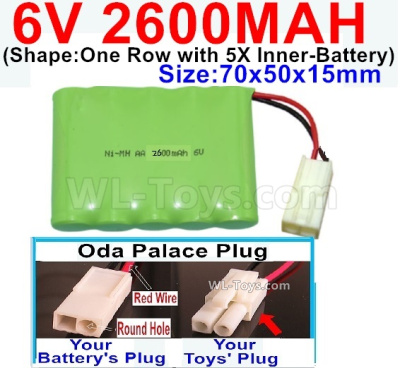 2600mah 6V NiMH Battery Pack-AA 2600mah 6 Volt NiMH Rechargeable Battery-With Oda Palace Plug(Round hole-Red Wire),6V 2600mah Ni-MH Rechargeable Battery For RC Car Truck,(Shape-One Row with 5X Inner-Battery)-Size-70x50x15mm