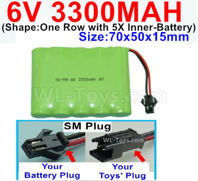 3300mah 6V NiMH Battery Pack-AA 3300mah 6 Volt NiMH Rechargeable Battery-With SM Plug,6V 3300mah Ni-MH Rechargeable Battery For RC Car Truck,(Shape-One Row with 5X Inner-Battery)-Size-70x50x15mm