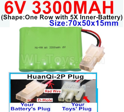 3300mah 6V NiMH Battery Pack-AA 3300mah 6 Volt NiMH Rechargeable Battery-With HuanQi-2P plug(1X Square hole+ 1X D-Shape Hole.The D-Shape Hole is Red Wire),6V 3300mah Ni-MH Rechargeable Battery For RC Car Truck,(Shape-One Row with 5X Inner-Battery)-Size-70x50x15mm