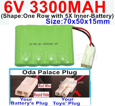 3300mah 6V NiMH Battery Pack-AA 3300mah 6 Volt NiMH Rechargeable Battery-With Oda Palace Plug(Round hole-Red Wire),6V 3300mah Ni-MH Rechargeable Battery For RC Car Truck,(Shape-One Row with 5X Inner-Battery)-Size-70x50x15mm