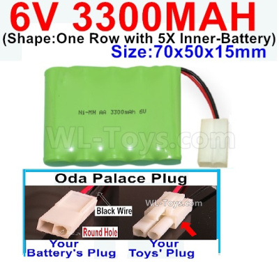 3300mah 6V NiMH Battery Pack-AA 3300mah 6 Volt NiMH Rechargeable Battery-With Oda Palace Plug(Round hole-Black Wire),6V 3300mah Ni-MH Rechargeable Battery For RC Car Truck,(Shape-One Row with 5X Inner-Battery)-Size-70x50x15mm