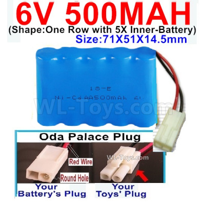 500mah 6V NiCd Battery Pack-AA 500mah 6 Volt NiCD Rechargeable Battery-With Oda Palace Plug(Round hole-Red Wire),6V 500mah Ni-Cd Rechargeable Battery For RC Car Truck,,(Shape-One Row With 5 Inner-Battery)-Size-70x50x15mm