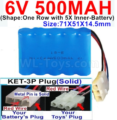 500mah 6V NiCd Battery Pack-AA 500mah 6 Volt NiCD Rechargeable Battery-With KET-3P Plug(Solid)-(2X Suare Hole+1X D-Shape Hole,The Middle hole is Red wire-Size-71X51X14.5mm