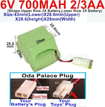 700mah 6V NiCd Battery Pack-2/3AA 700mah 6 Volt NiCD Rechargeable Battery -Oda Palace Plug(Round hole-Red Wire)-Size-43mm(Lower)X28.6mm(Upper)X28.6(height)X28mm(Width)
