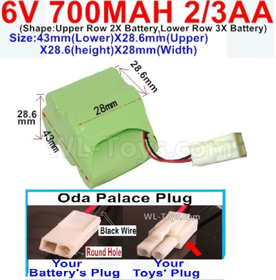 700mah 6V NiCd Battery Pack-2/3AA 700mah 6 Volt NiCD Rechargeable Battery-With Oda Palace Plug(Round hole-Black Wire)-Size-43mm(Lower)X28.6mm(Upper)X28.6(height)X28mm(Width),6V 700mah Rechargeable RC Battery Pack