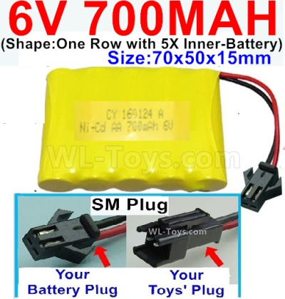 700mah 6V NiCd Battery Pack-AA 700mah 6 Volt NiCD Rechargeable Battery-With SM Plug,6V 700mah Ni-Cd Rechargeable Battery For RC Car Truck,(Shape-One Row With 5 Inner-Battery)-Size-70x50x15mm
