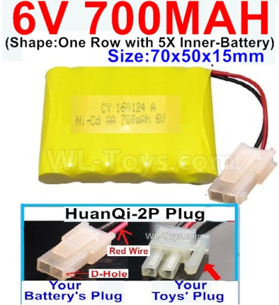 700mah 6V NiCd Battery Pack-AA 700mah 6 Volt NiCD Rechargeable Battery-With HuanQi-2P plug(1X Square hole+ 1X D-Shape Hole.The D-Shape Hole is Red Wire),6V 700mah Ni-Cd Rechargeable Battery For RC Car Truck,(Shape-One Row With 5 Inner-Battery)-Size-70x50x15mm