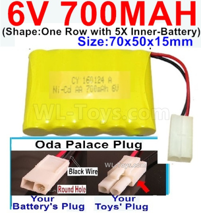 700mah 6V NiCd Battery Pack-AA 700mah 6 Volt NiCD Rechargeable Battery-With Oda Palace Plug(Round hole-Black Wire),6V 700mah Ni-Cd Rechargeable Battery For RC Car Truck,(Shape-One Row With 5 Inner-Battery)-Size-70x50x15mm