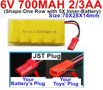 700mah 6V NiCd Battery Pack-2/3AA 700mah 6 Volt NiCD Rechargeable Battery-With JST Plug,6V 700mah Ni-Cd Rechargeable Battery For RC Car Truck,(Shape-One Row with 5X Inner-Battery)-Size-70X28X14mm
