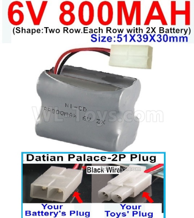 800mah 6V NiCd Battery Pack-AA 800mah 6 Volt NiCD Rechargeable Battery-With Datian Palace-2P Plug(The D-Shape hole is Black wire),6V 800mah Ni-Cd Rechargeable Battery For RC Car Truck,(Shape-Two Row.Each Row with 2X Battery)-Size-51X39X30mm