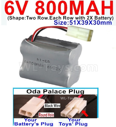 800mah 6V NiCd Battery Pack-AA 800mah 6 Volt NiCD Rechargeable Battery-With Oda Palace Plug(Round hole-Black Wire),6V 800mah Ni-Cd Rechargeable Battery For RC Car Truck,(Shape-Two Row.Each Row with 2X Battery)-Size-51X39X30mm