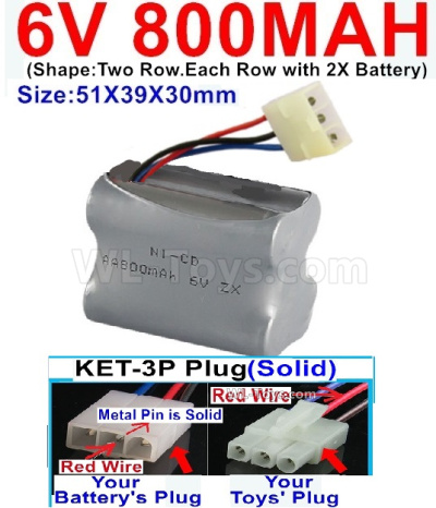 800mah 6V NiCd Battery Pack-AA 800mah 6 Volt NiCD Rechargeable Battery-With KET-3P Plug(Solid)-(2X Suare Hole+1X D-Shape Hole,The Middle hole is Red wire-Size-51X39X30mm