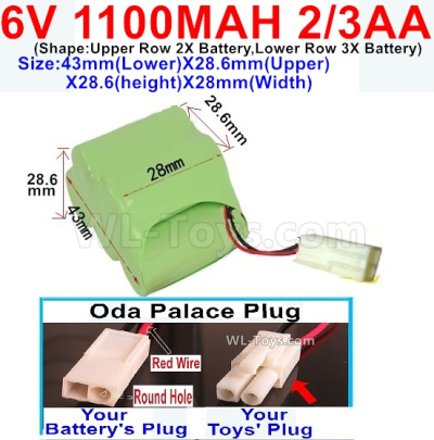 1100mah 6V NiCd Battery Pack-2/3AA 1100mah 6 Volt NiCD Rechargeable Battery-Oda Palace Plug(Round hole-Red Wire)-Size-43mm(Lower)X28.6mm(Upper)X28.6(height)X28mm(Width),6V 1100mah Rechargeable RC Battery Pack