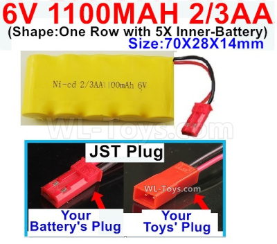 1100mah 6V NiCd Battery Pack-2/3AA 1100mah 6 Volt NiCD Rechargeable Battery-With JST Plug,6V 1100mah Ni-Cd Rechargeable Battery For RC Car Truck,(Shape-One Row with 5X Inner-Battery)-Size-70X28X14mm