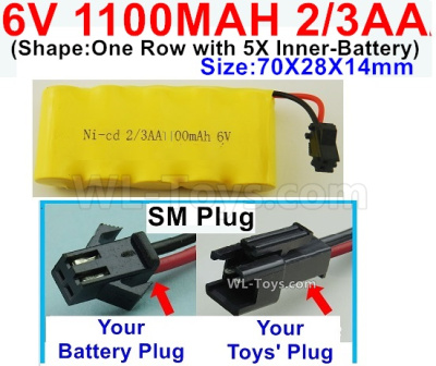 1100mah 6V NiCd Battery Pack-2/3AA 1100mah 6 Volt NiCD Rechargeable Battery-With SM Plug,6V 1100mah Ni-Cd Rechargeable Battery For RC Car Truck,(Shape-One Row with 5X Inner-Battery)-Size-70X28X14mm
