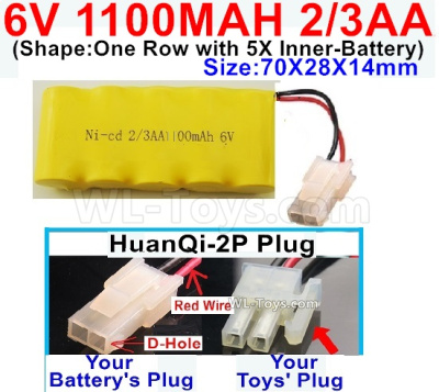 1100mah 6V NiCd Battery Pack-2/3AA 1100mah 6 Volt NiCD Rechargeable Battery-With HuanQi-2P plug(1X Square hole+ 1X D-Shape Hole.The D-Shape Hole is Red Wire),6V 1100mah Ni-Cd Rechargeable Battery For RC Car Truck,(Shape-One Row with 5X Inner-Battery)-Size-70X28X14mm