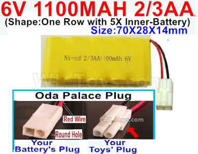 1100mah 6V NiCd Battery Pack-2/3AA 1100mah 6 Volt NiCD Rechargeable Battery-With Oda Palace Plug(Round hole-Red Wire),6V 1100mah Ni-Cd Rechargeable Battery For RC Car Truck,(Shape-One Row with 5X Inner-Battery)-Size-70X28X14mm
