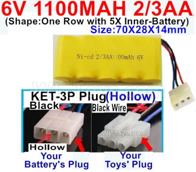 1100mah 6V NiCd Battery Pack-2/3AA 1100mah 6 Volt NiCD Rechargeable Battery-With KET-3P Plug(Hollow)-(2X Suare Hole+1X D-Shape Hole,The Middle hole is Black wire),6V 1100mah Ni-Cd Rechargeable Battery For RC Car Truck,(Shape-One Row with 5X Inner-Battery)-Size-70X28X14mm