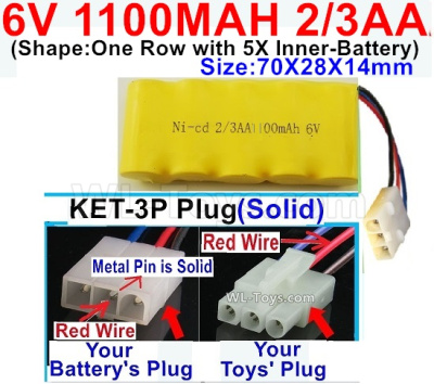 1100mah 6V NiCd Battery Pack-2/3AA 1100mah 6 Volt NiCD Rechargeable Battery-With KET-3P Plug(Solid)-(2X Suare Hole+1X D-Shape Hole,The Middle hole is Red wire,6V 1100mah Ni-Cd Rechargeable Battery For RC Car Truck,(Shape-One Row with 5X Inner-Battery)-Size-70X28X14mm