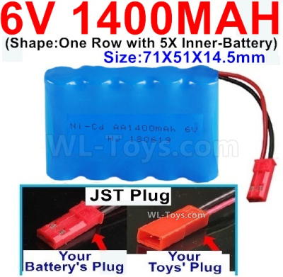 1400mah 6V NiCd Battery Pack-AA 1400mah 6 Volt NiCD Rechargeable Battery-With JST Plug,6V 1400mah Ni-Cd Rechargeable Battery For RC Car Truck,(Shape-One Row With 5 Inner-Battery)-Size-71X51X14.5mm