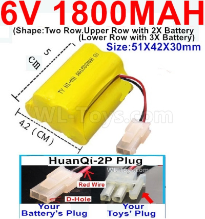 1800mah 6V NiMH Battery Pack-AA 1800mah 6 Volt NiMH Rechargeable Battery-With HuanQi-2P plug(1X Square hole+ 1X D-Shape Hole.The D-Shape Hole is Red Wire),6V 1800mah Ni-MH Rechargeable Battery For RC Car Truck,(Shape-Upper Row with 2x Inner-Batery,Lower Row with 3x Inner-Battery)-Size-51X42X30mm