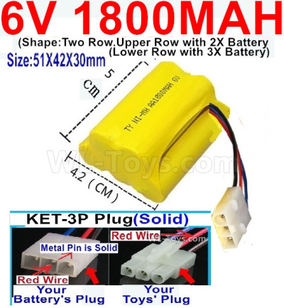 1800mah 6V NiMH Battery Pack-AA 1800mah 6 Volt NiMH Rechargeable Battery-With KET-3P Plug(Solid)-(2X Suare Hole+1X D-Shape Hole,The Middle hole is Red wire-Size-51X42X30mm