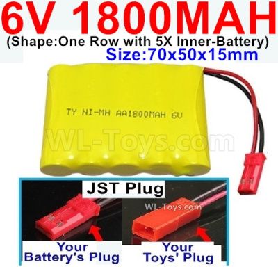 1800mah 6V NiMH Battery Pack-AA 1800mah 6 Volt NiMH Rechargeable Battery-With JST Plug,6V 1800mah Ni-MH Rechargeable Battery For RC Car Truck,(Shape-One Row With 5 Inner-Battery)-Size-70x50x15mm