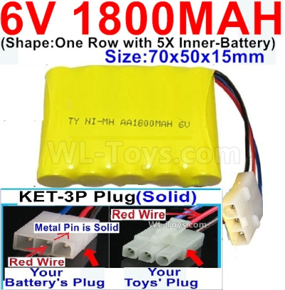 1800mah 6V NiMH Battery Pack-AA 1800mah 6 Volt NiMH Rechargeable Battery-With KET-3P Plug(Solid)-(2X Suare Hole+1X D-Shape Hole,The Middle hole is Red wire-Size-70x50x15mm