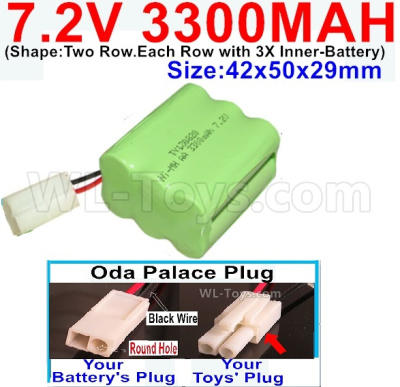 7.2V 3300MAH NiMH Battery Pack-7.2 Volt 3300MAH NI-MH Battery-With Oda Palace Plug(Round hole-Black Wire)-(Shape-Two Row.Each Row with 3X Inner-Battery)-Size-42x50x29mm,7.2V RC Car NiMH Battery,7.2V NiMH Battery Pack for rc cars,boat,tank,etc.