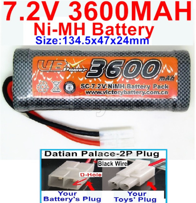 7.2V 3600MAH NiMH Battery Pack-7.2 Volt 3600mah NI-MH Battery AA-With Datian Palace-2P Plug(The D-Shape hole is Black wire)-Size-134.5x47x24mm,7.2V RC Car NiMH Battery,7.2V NiMH Battery Pack for rc cars,boat,tank,etc.