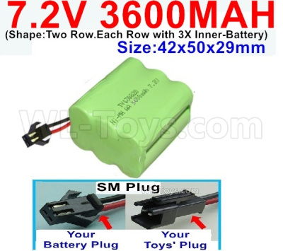 7.2V 3600MAH NiMH Battery Pack-7.2 Volt 3600MAH NI-MH Battery-With SM Plug-(Shape-Two Row.Each Row with 3X Inner-Battery)-Size-42x50x29mm,7.2V RC Car NiMH Battery,7.2V NiMH Battery Pack for rc cars,boat,tank,etc.