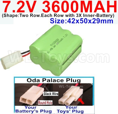 7.2V 3600MAH NiMH Battery Pack-7.2 Volt 3600MAH NI-MH Battery-With Oda Palace Plug(Round hole-Black Wire)-(Shape-Two Row.Each Row with 3X Inner-Battery)-Size-42x50x29mm,7.2V RC Car NiMH Battery,7.2V NiMH Battery Pack for rc cars,boat,tank,etc.