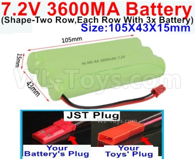 7.2V 3600MAH NiMH Battery Pack-7.2 Volt 3600MAH NI-MH Battery AA-With JST Plug(The D-Shape hole is Black wire)-(Shape-Left and Right Each 3x Battery)-Size-105X43X15mm,7.2V RC Car NiMH Battery,7.2V NiMH Battery Pack for rc cars,boat,tank,etc.