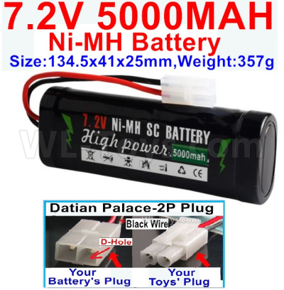 7.2V 5000MAH NiMH Battery Pack-7.2 Volt 5000mah NI-MH Battery AA-With Datian Palace-2P Plug(The D-Shape hole is Black wire)-Size-134.5x41x25mm-Weight-357g,7.2V RC Car NiMH Battery,7.2V NiMH Battery Pack for rc cars,boat,tank,etc.