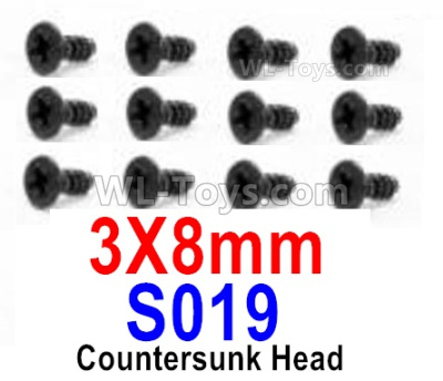 HBX 12895 Countersunk Head Screws, The size is 3x8mm, Countersunk Head Self Tapping Screws. Total 12pcs. The replace accessories number is S019