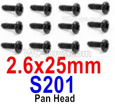 HBX 12895 Round Head Screws, The size is 2.6x25mm, Round Head Self Tapping Screws. Total 12pcs. The replace accessories number is S201